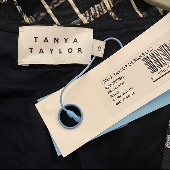TANYA TAYLOR Nicola Mini Dress Navy White Check Puff Sleeve Fit & Flare Belt NEW - Picture 7 of 9